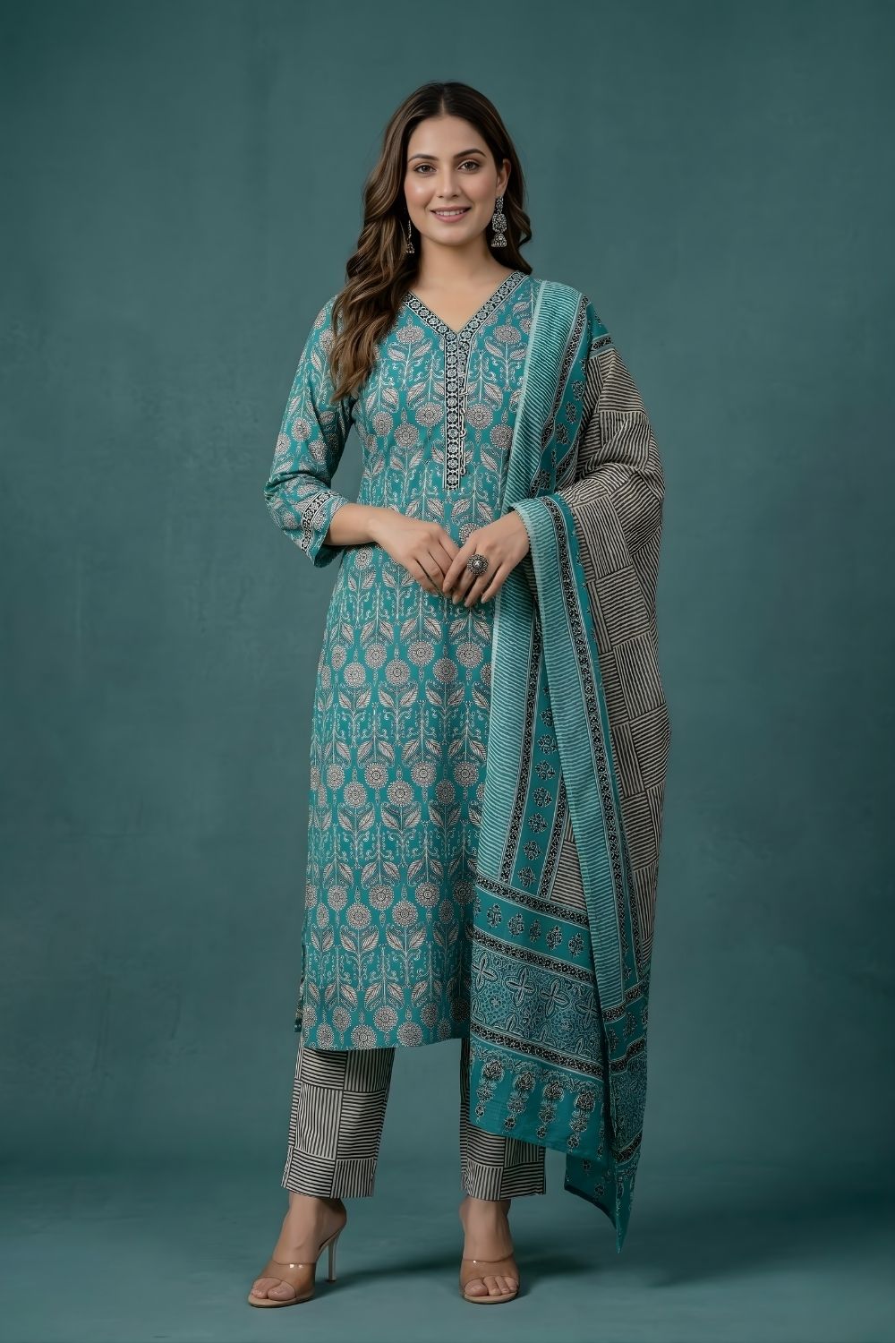 women wear wholesale manufacturer India teal cotton kurti set