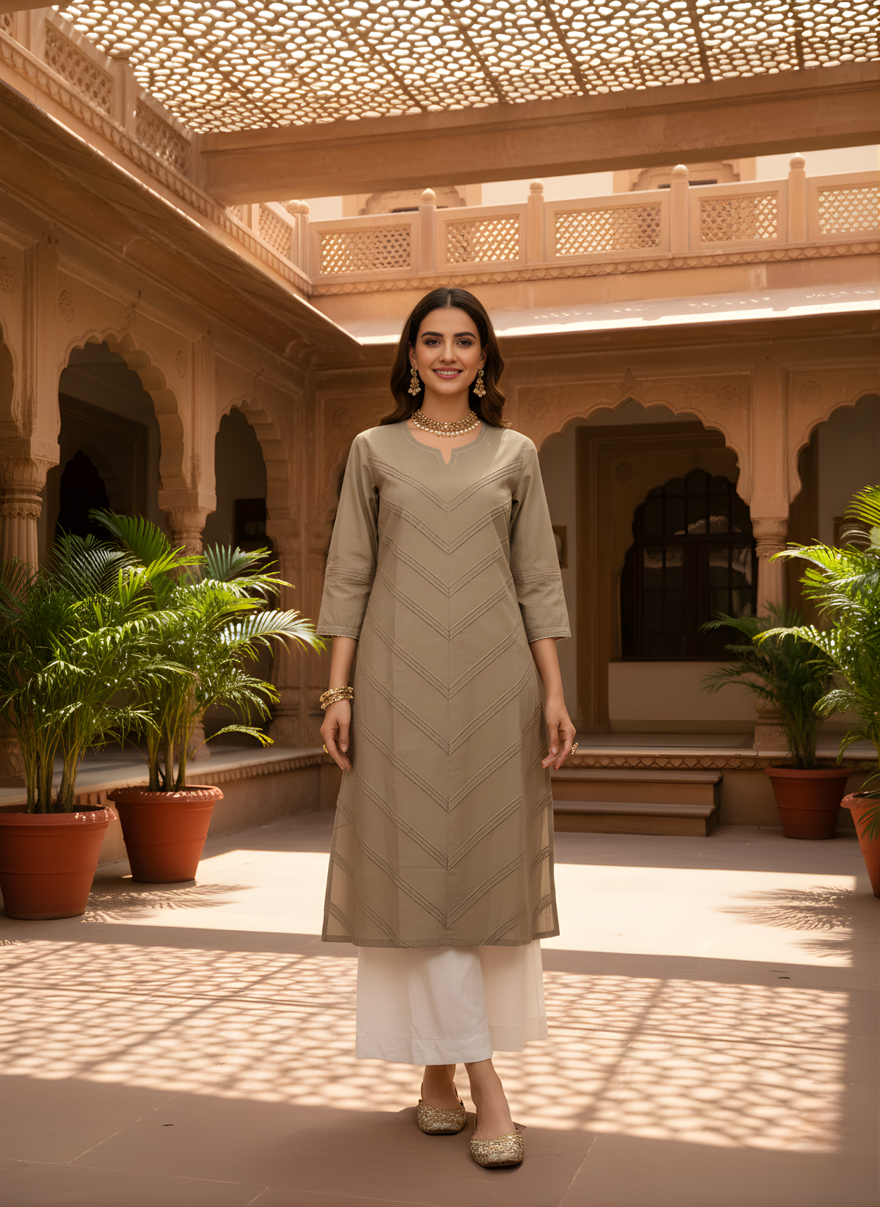 Neelufer Creation stone beige pure cotton kurti front view
