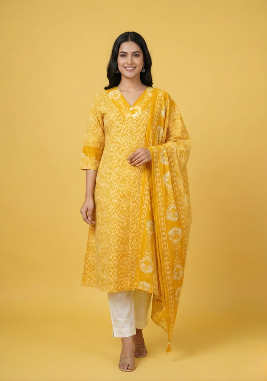 Aaronee Mustard Yellow Pure Cotton Kurti Dupatta Set for Women