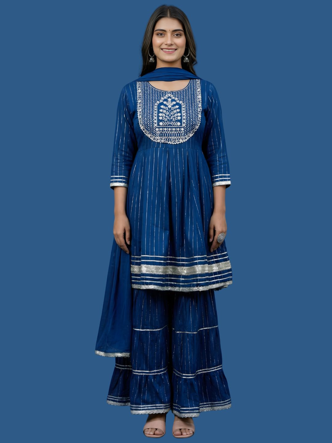 Blue Cotton Lurex Dupatta Set Wholesale