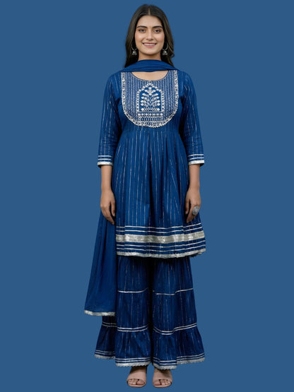 Blue Cotton Lurex Dupatta Set Wholesale