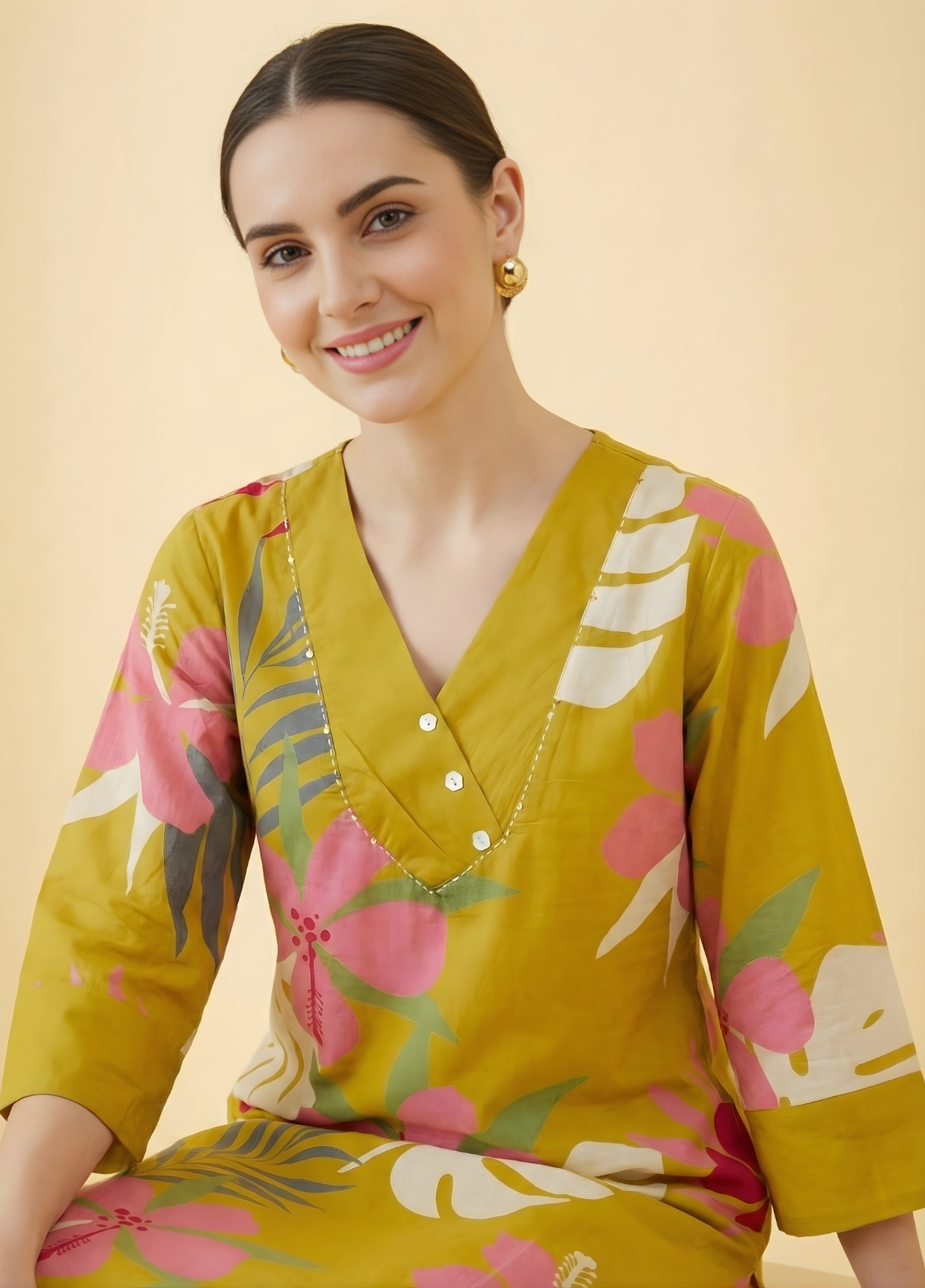 Mustard Floral Pure Cotton Rayon Kurta Set – Women Wear Wholesale Manufacturer