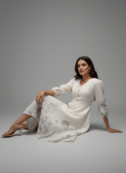 V-neck grey cotton kurti with puff sleeves