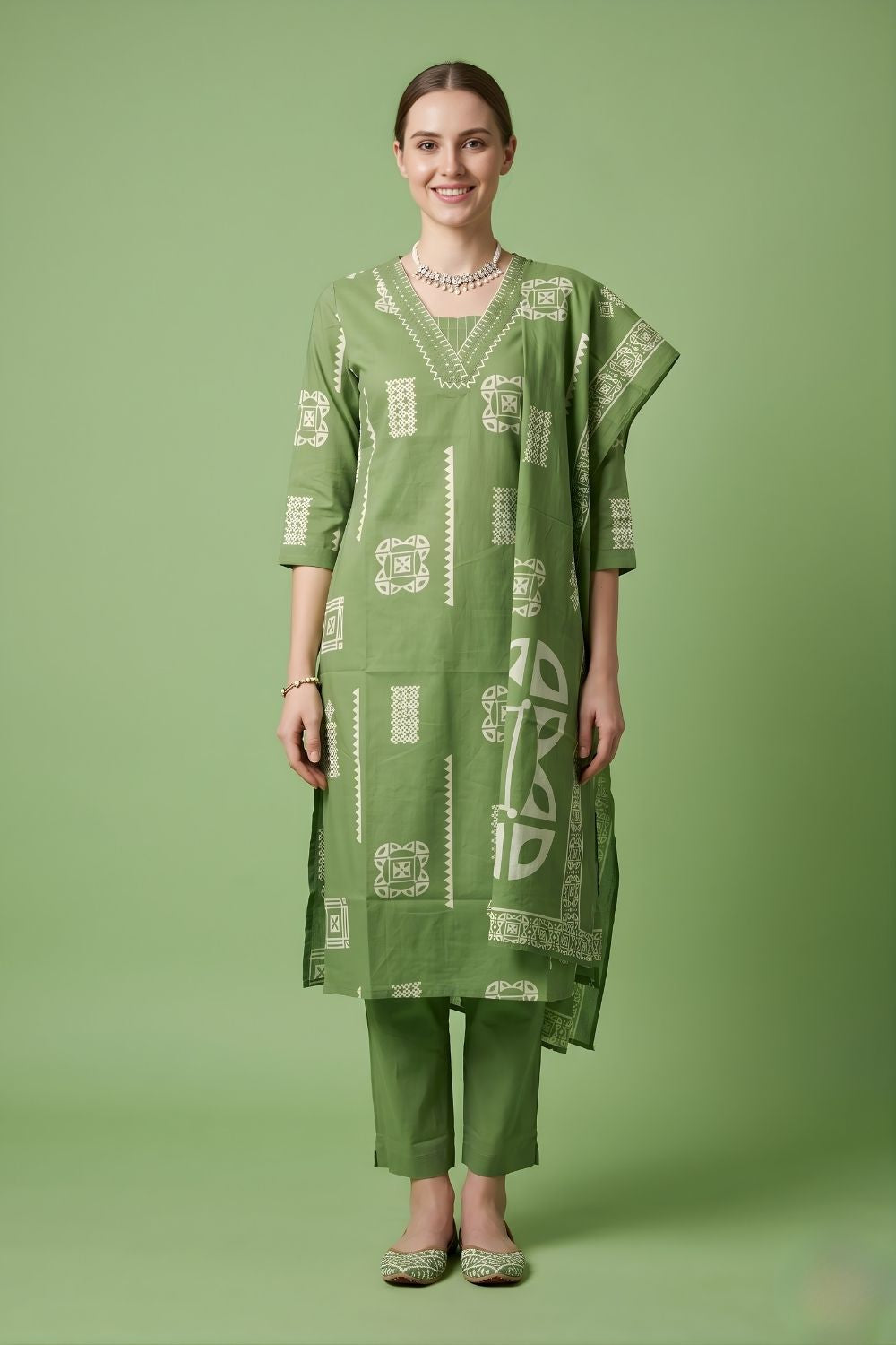 wholesale garment manufacturer Rajasthan green kurta pant dupatta set