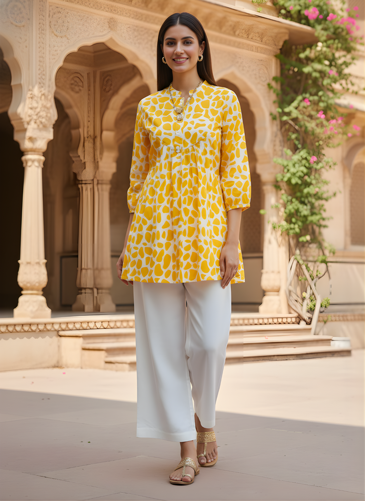 Yellow abstract Jaipuri cotton top wholesale