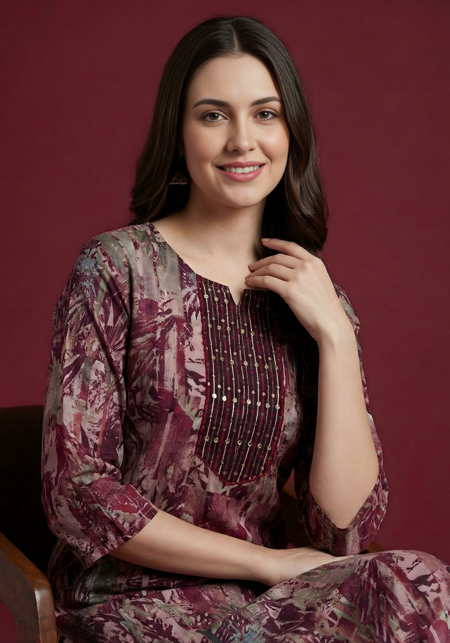 Wine & Mauve Pure Cotton Dupatta Set – Elegant Printed Kurta Set for Women by Aaronee