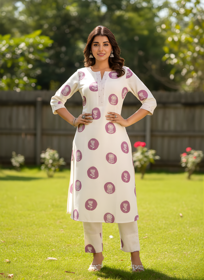 Woman wearing a white kurta with purple patterns standing on grass with trees in the background