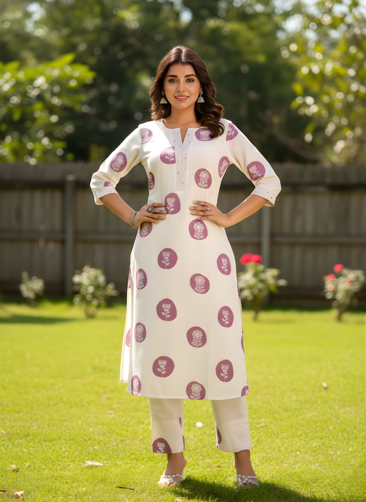 Woman wearing a white kurta with purple patterns standing on grass with trees in the background