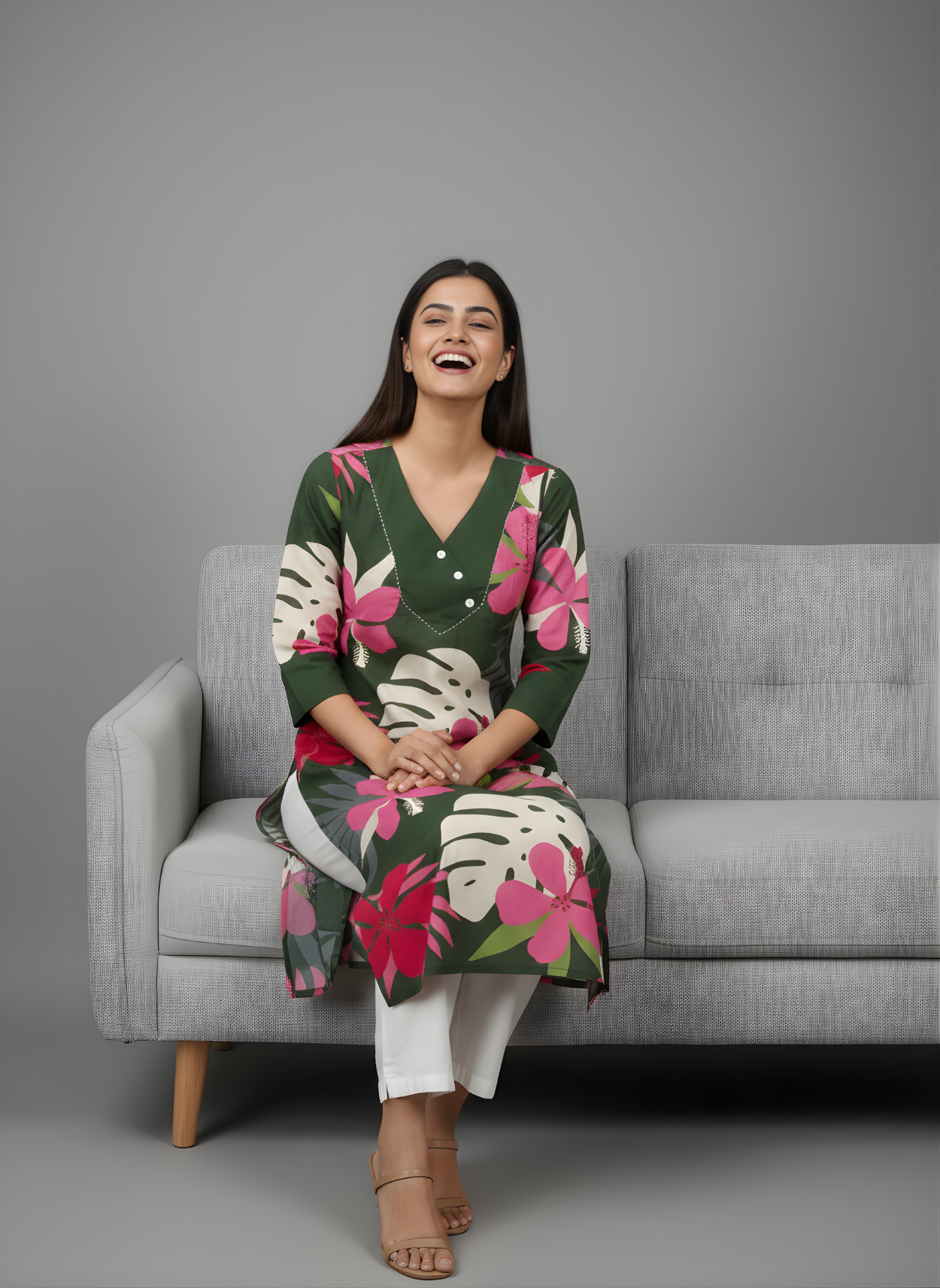 Woman sitting on a gray couch wearing a floral dress against a gray background