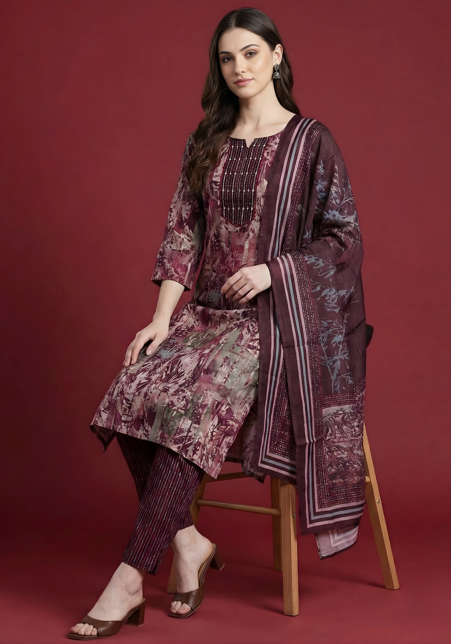 Wine & Mauve Pure Cotton Dupatta Set – Elegant Printed Kurta Set for Women by Aaronee