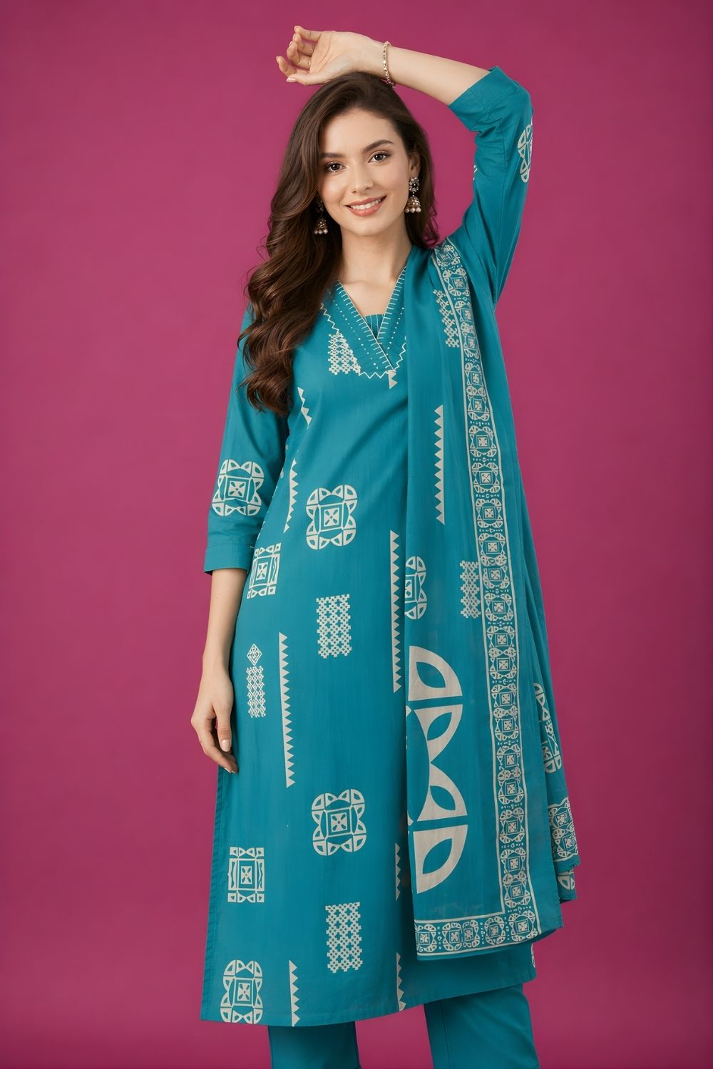 boutique wholesale kurti supplier teal cotton suit set India