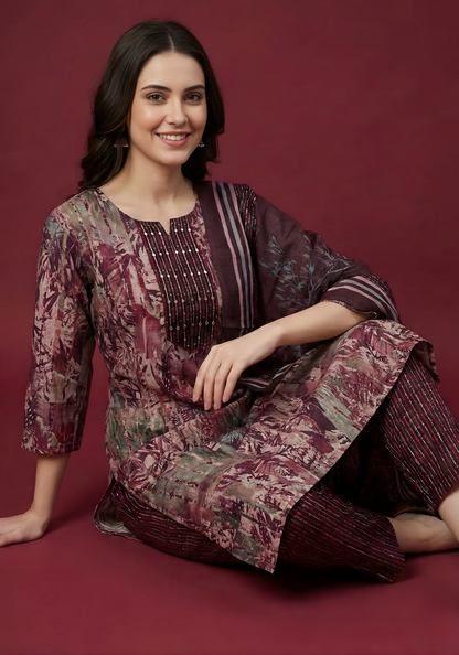Wine & Mauve Pure Cotton Dupatta Set – Elegant Printed Kurta Set for Women by Aaronee