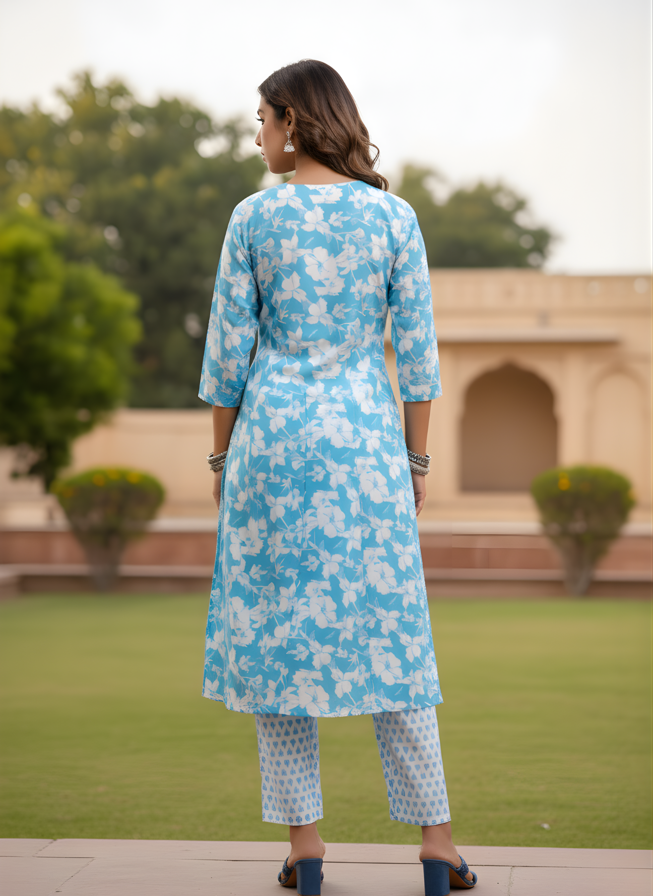 Blue floral cotton kurta set wholesale