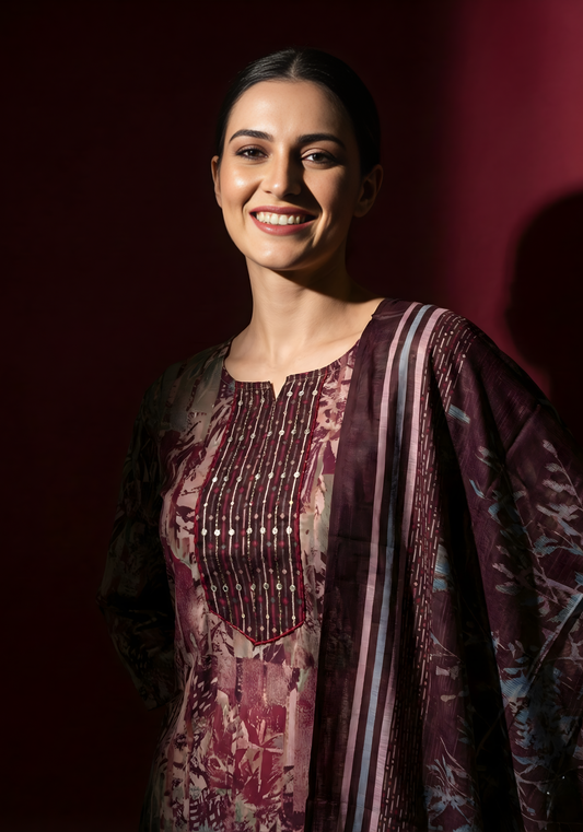 Wine & Mauve Pure Cotton Dupatta Set – Elegant Printed Kurta Set for Women by Aaronee