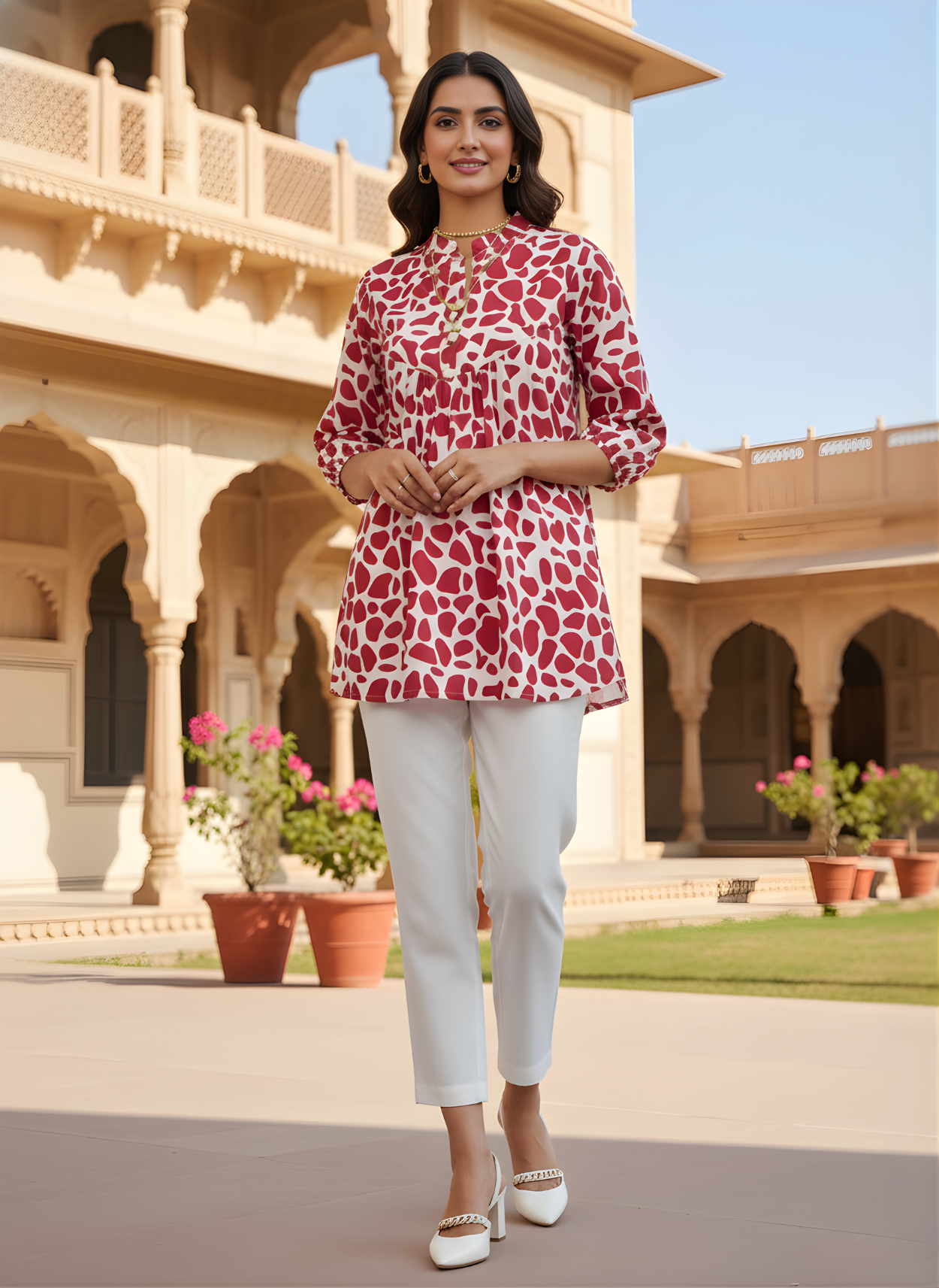 Red abstract Jaipuri cotton top wholesale