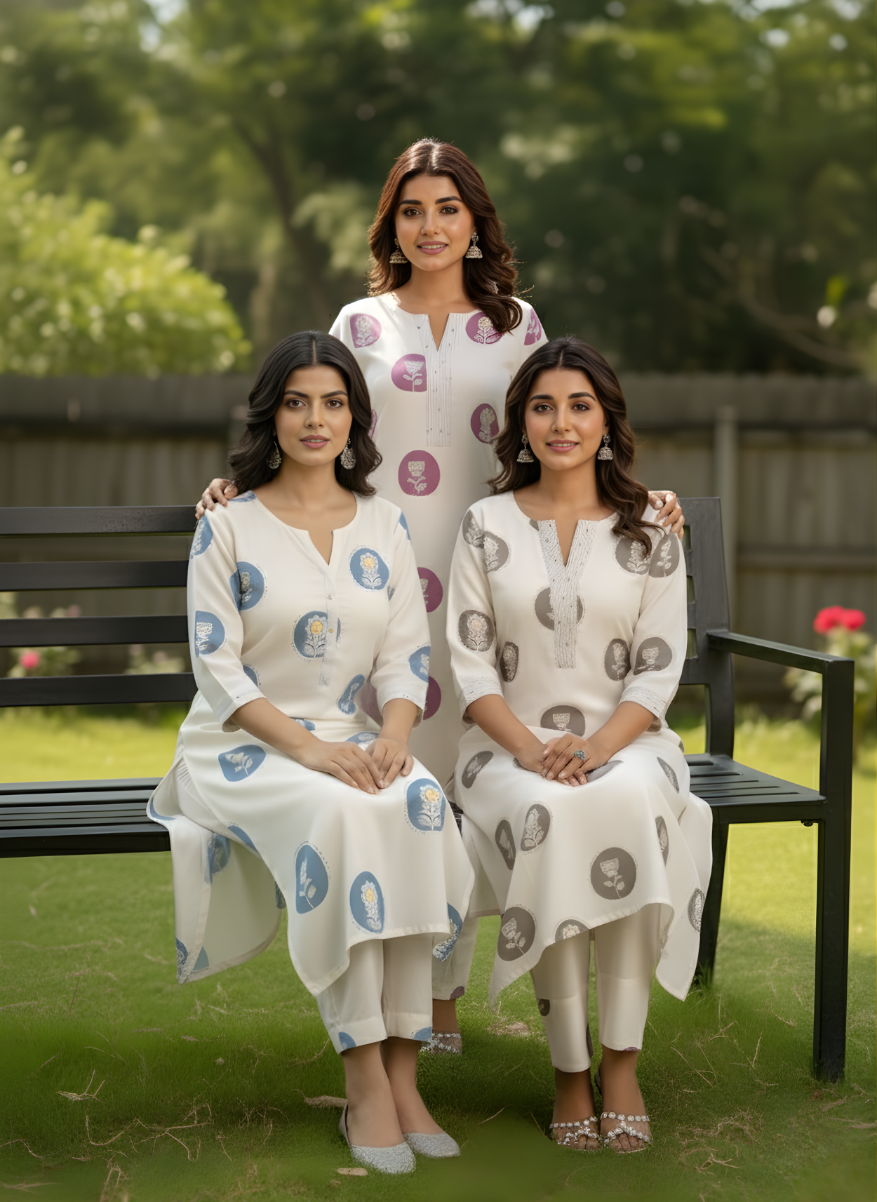 Three women in matching white outfits with patterned designs sitting on a bench outdoors.