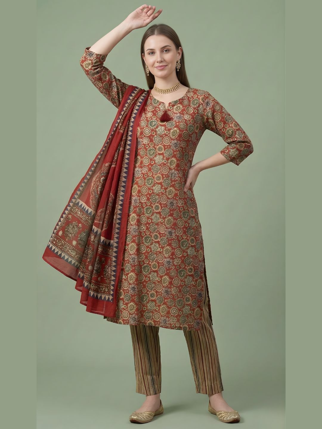 Rust Printed Pure Cotton Kurti Dupatta Set Wholesale Manufacturer India