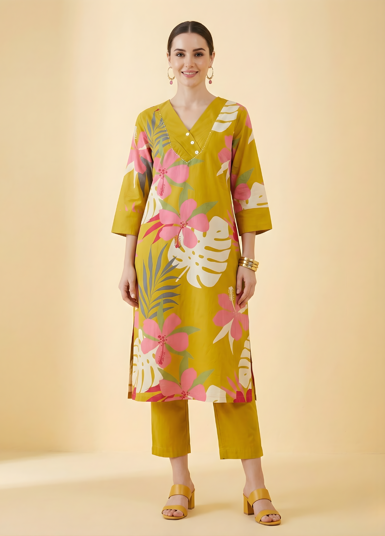 Mustard Floral Pure Cotton Rayon Kurta Set – Women Wear Wholesale Manufacturer