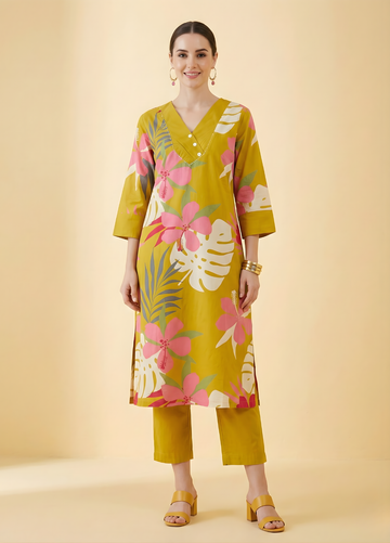 Mustard Floral Pure Cotton Rayon Kurta Set – Women Wear Wholesale Manufacturer