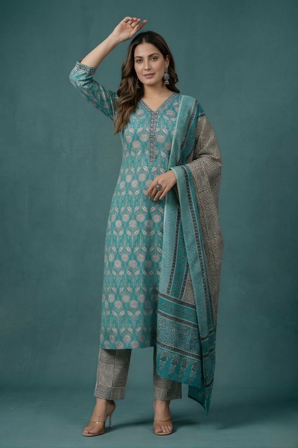 women wear wholesale manufacturer India printed teal kurti dupatta