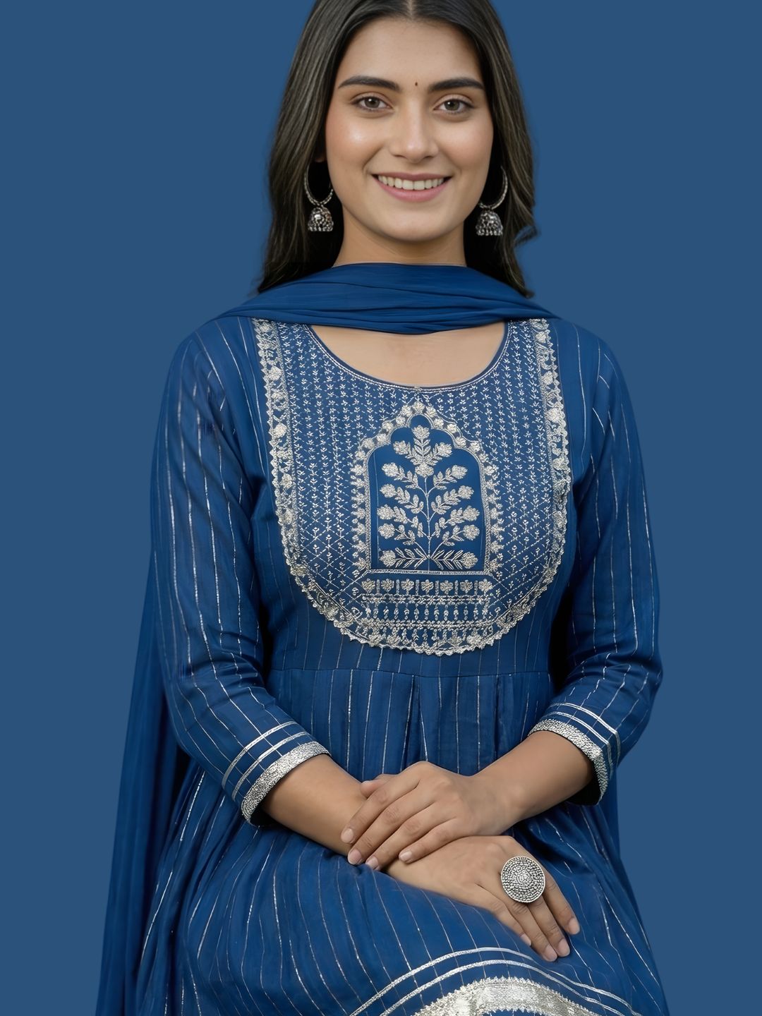 Blue Cotton Lurex Dupatta Set Wholesale