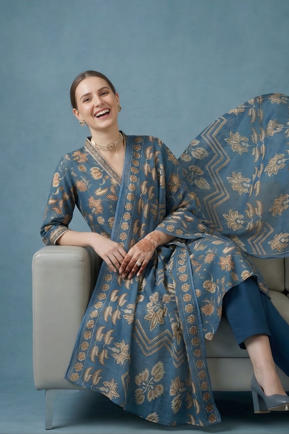 women wear wholesale manufacturer India blue printed kurti dupatta