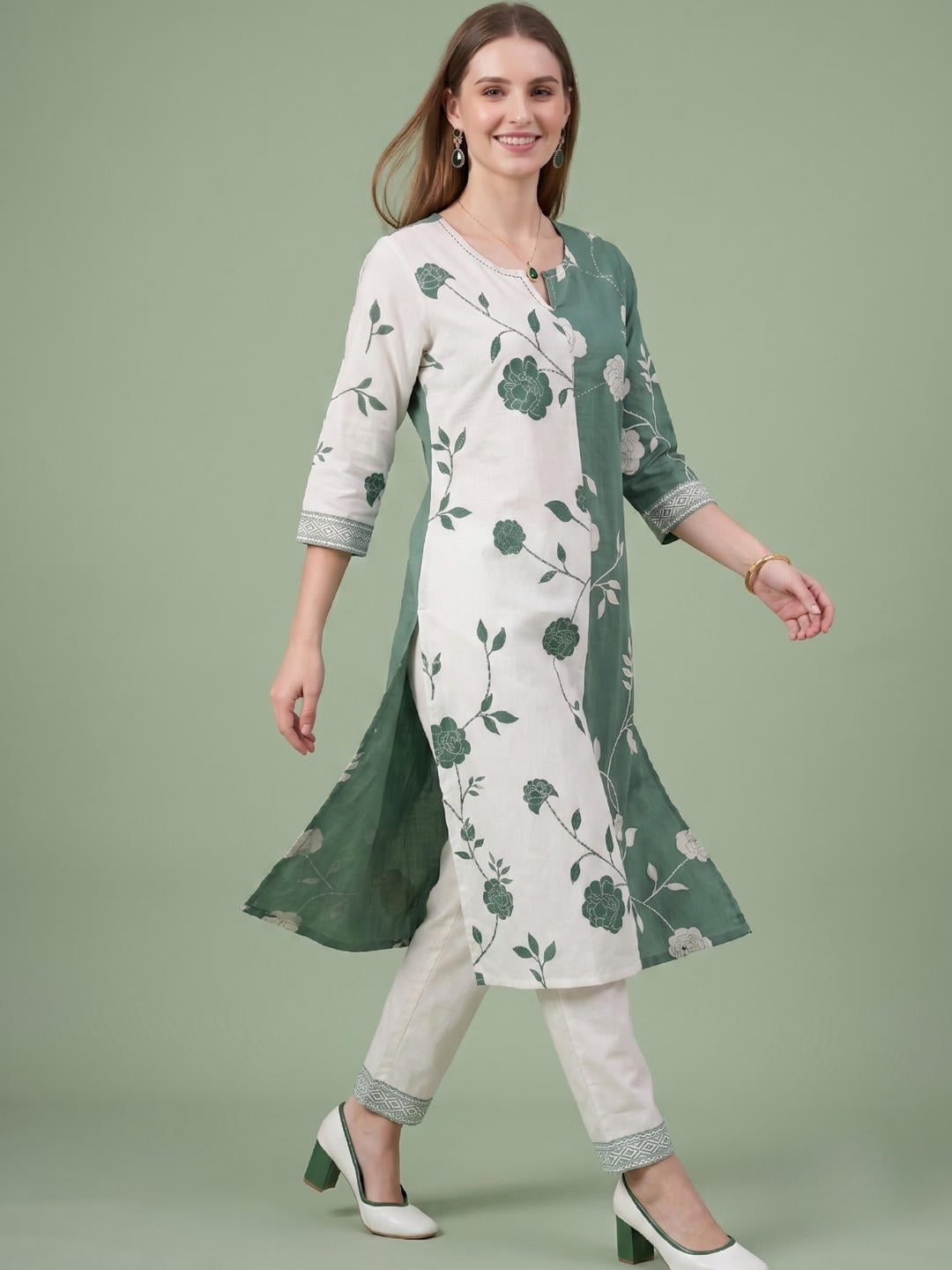 Wholesale Green Printed Cotton Kurta Set Manufacturer