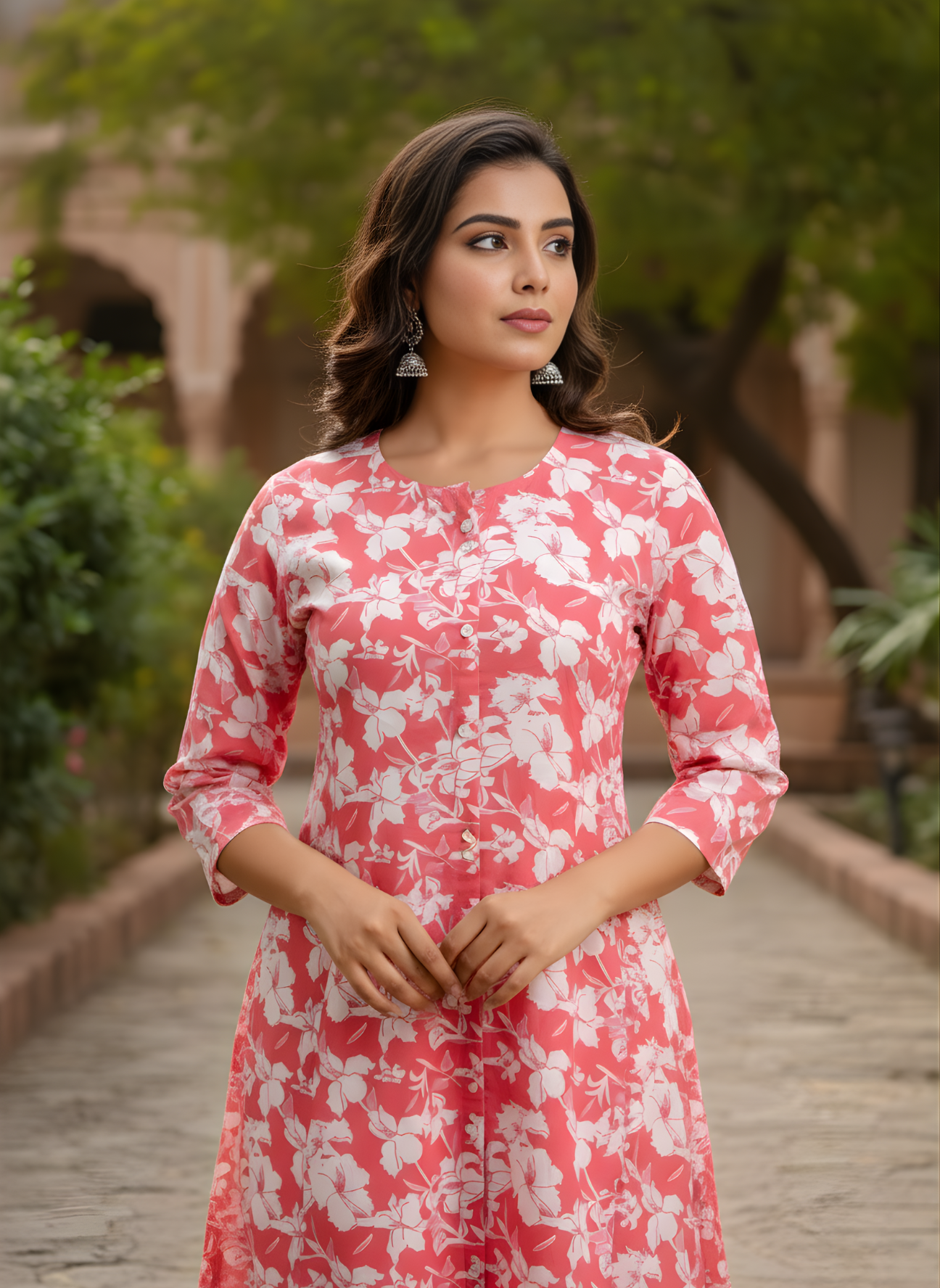 Woman wearing a pink floral dress standing outdoors with greenery in the background