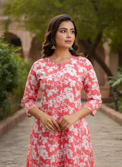 Woman wearing a pink floral dress standing outdoors with greenery in the background