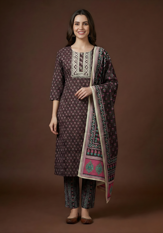 Pure Cotton Brown Printed Dupatta Set – Wholesale Manufacturer Women Wear