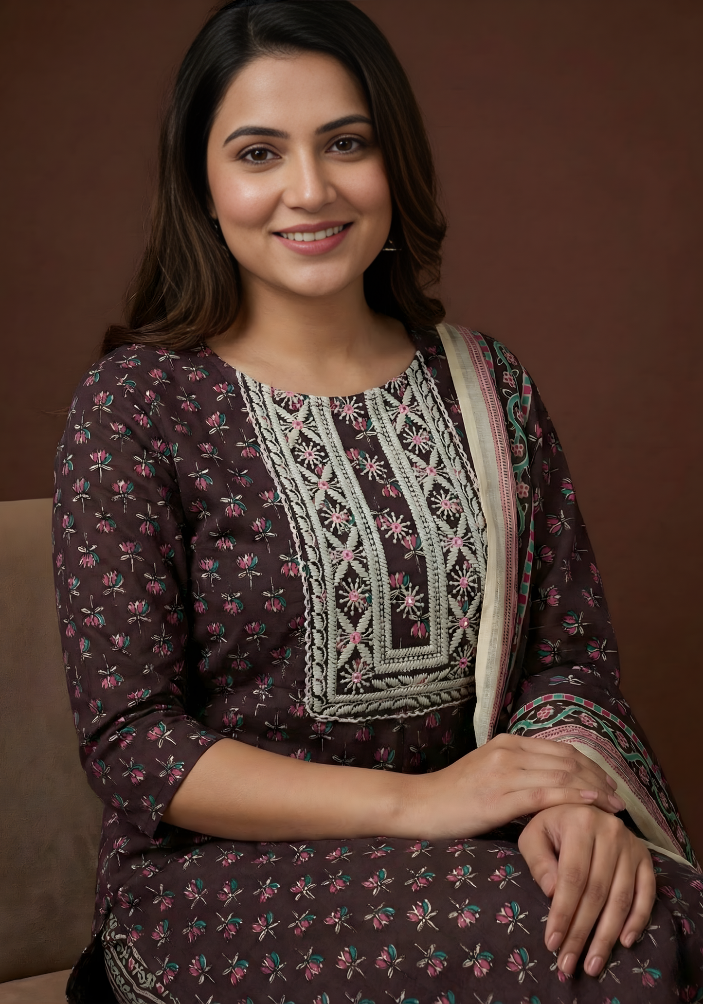 Pure Cotton Brown Printed Dupatta Set – Wholesale Manufacturer Women Wear