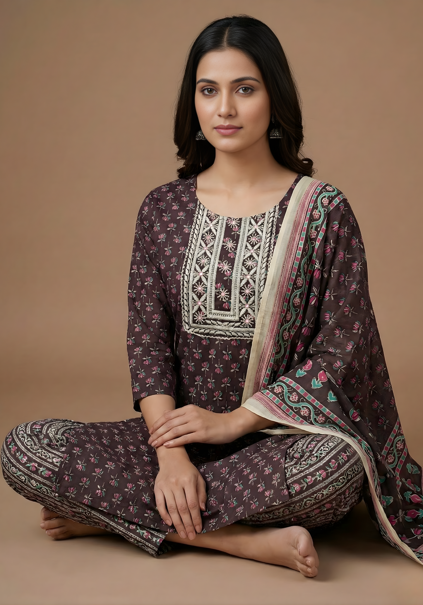 Pure Cotton Brown Printed Dupatta Set – Wholesale Manufacturer Women Wear