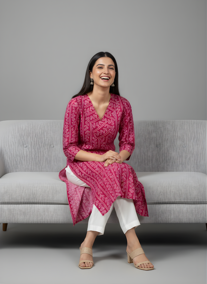 Pink Printed Kurta with V-Neckline Front Pose