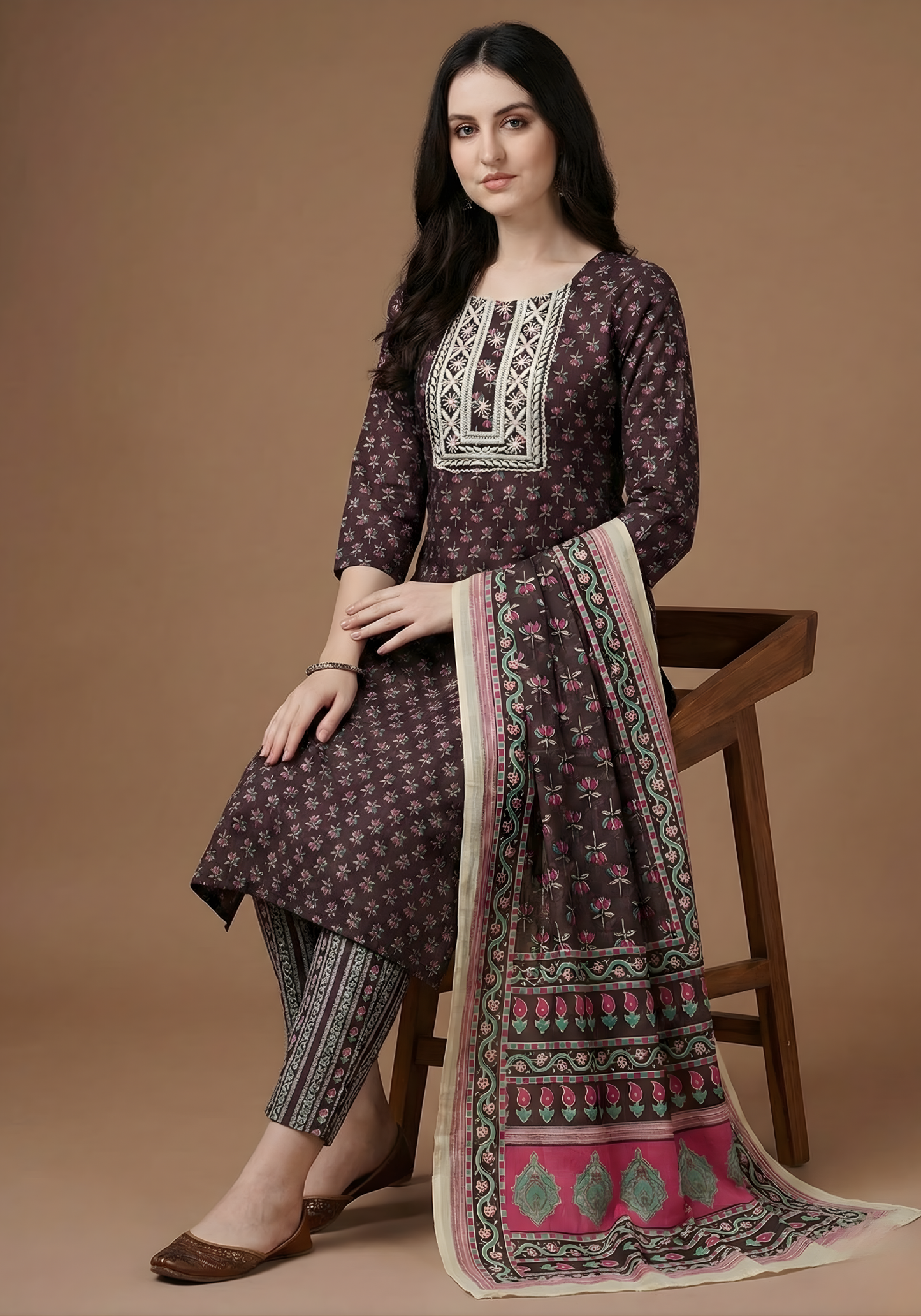 Pure Cotton Brown Printed Dupatta Set – Wholesale Manufacturer Women Wear