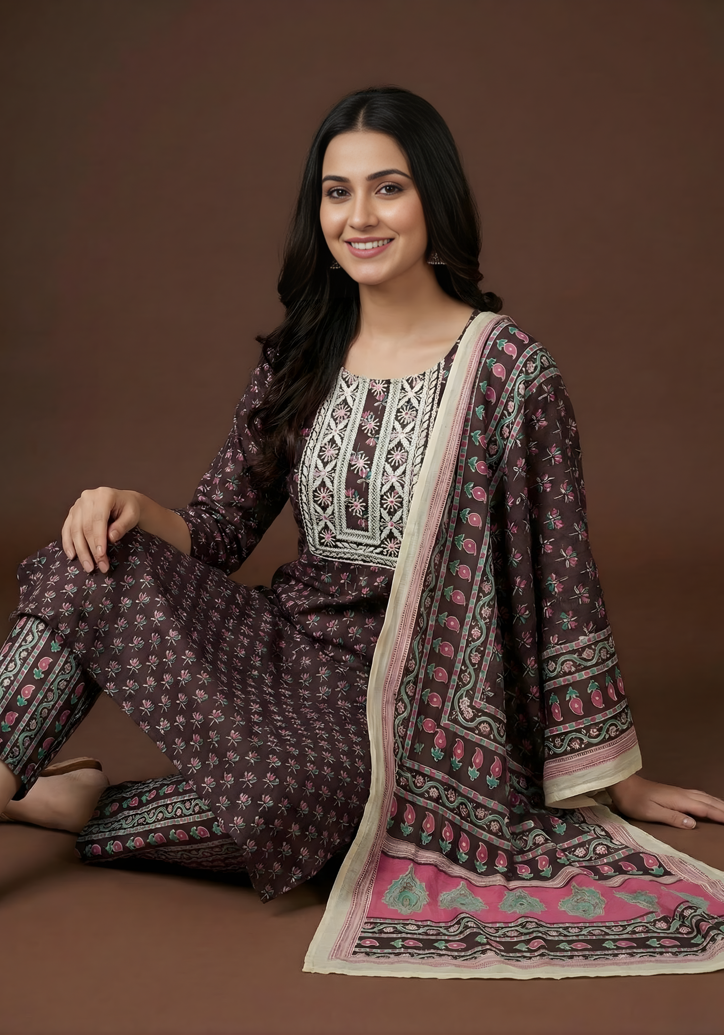 Pure Cotton Brown Printed Dupatta Set – Wholesale Manufacturer Women Wear