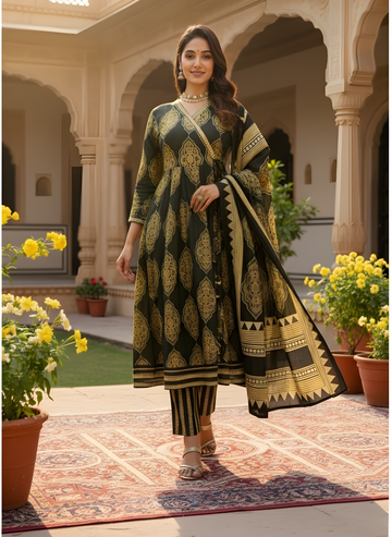 Woman in a traditional outfit standing in an outdoor setting with arches and flowers.