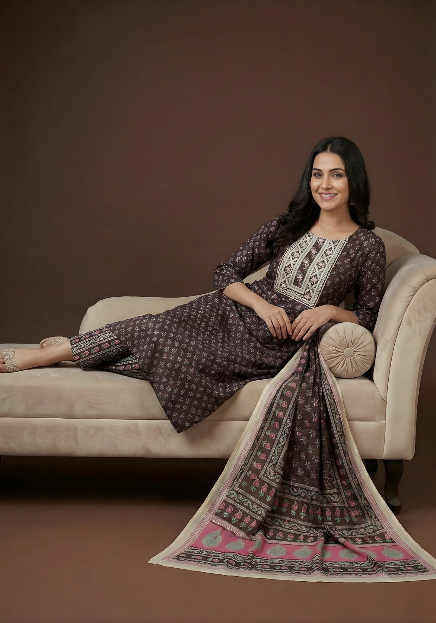 Pure Cotton Brown Printed Dupatta Set – Wholesale Manufacturer Women Wear