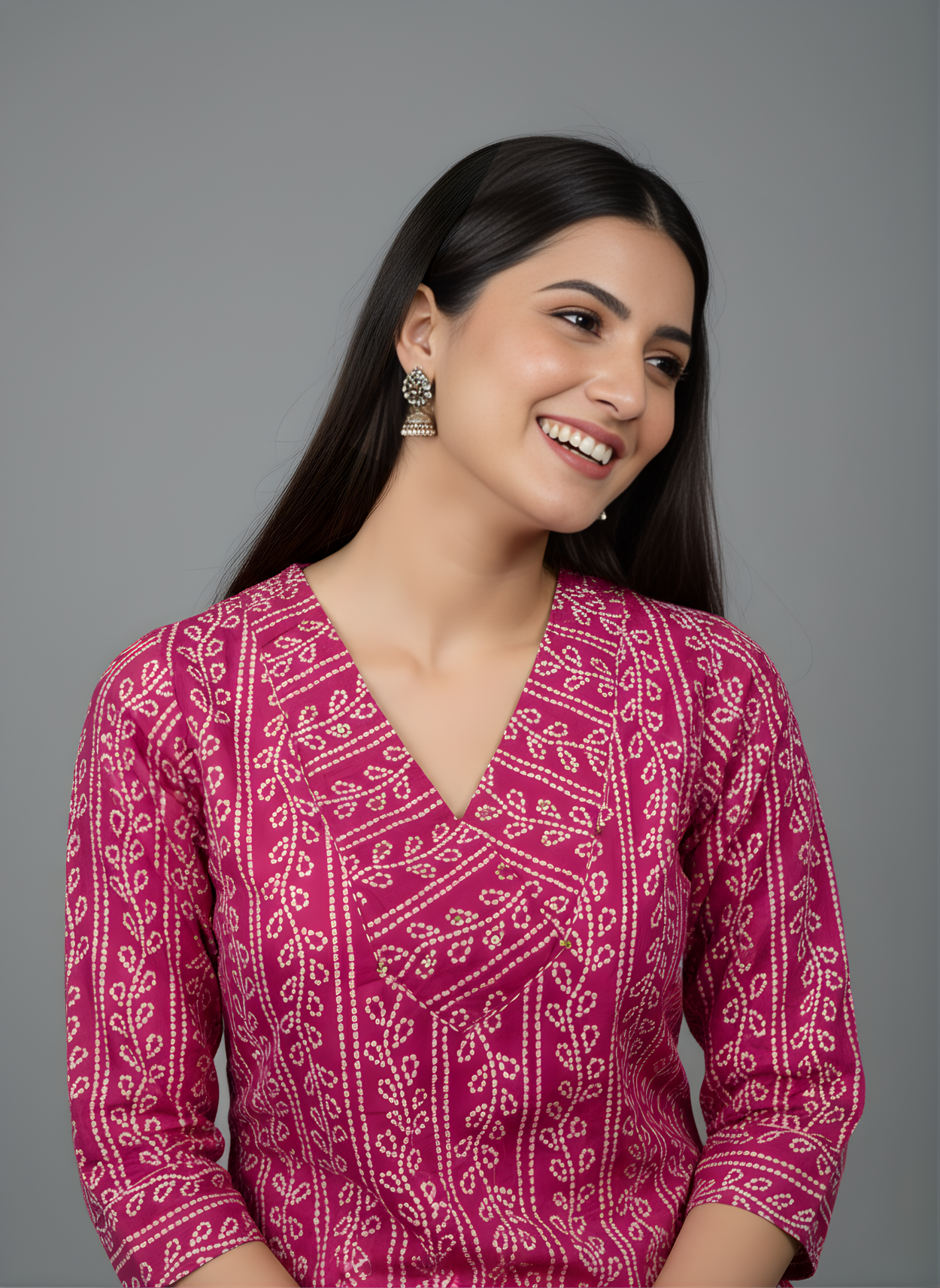 Pink Floral Printed Cotton Kurta with 3/4 Sleeves