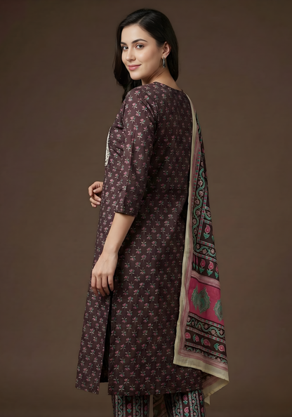 Pure Cotton Brown Printed Dupatta Set – Wholesale Manufacturer Women Wear