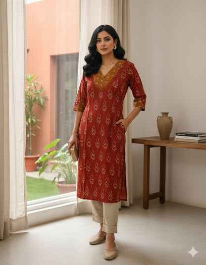 Rust Brown Pure Cotton Kurta Set for Women | Everyday Ethnic Wear for Retail & Bulk Supply – Neelufer Creation