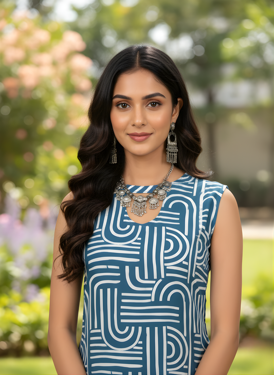 Blue rayon kurta set for women by Aaronee