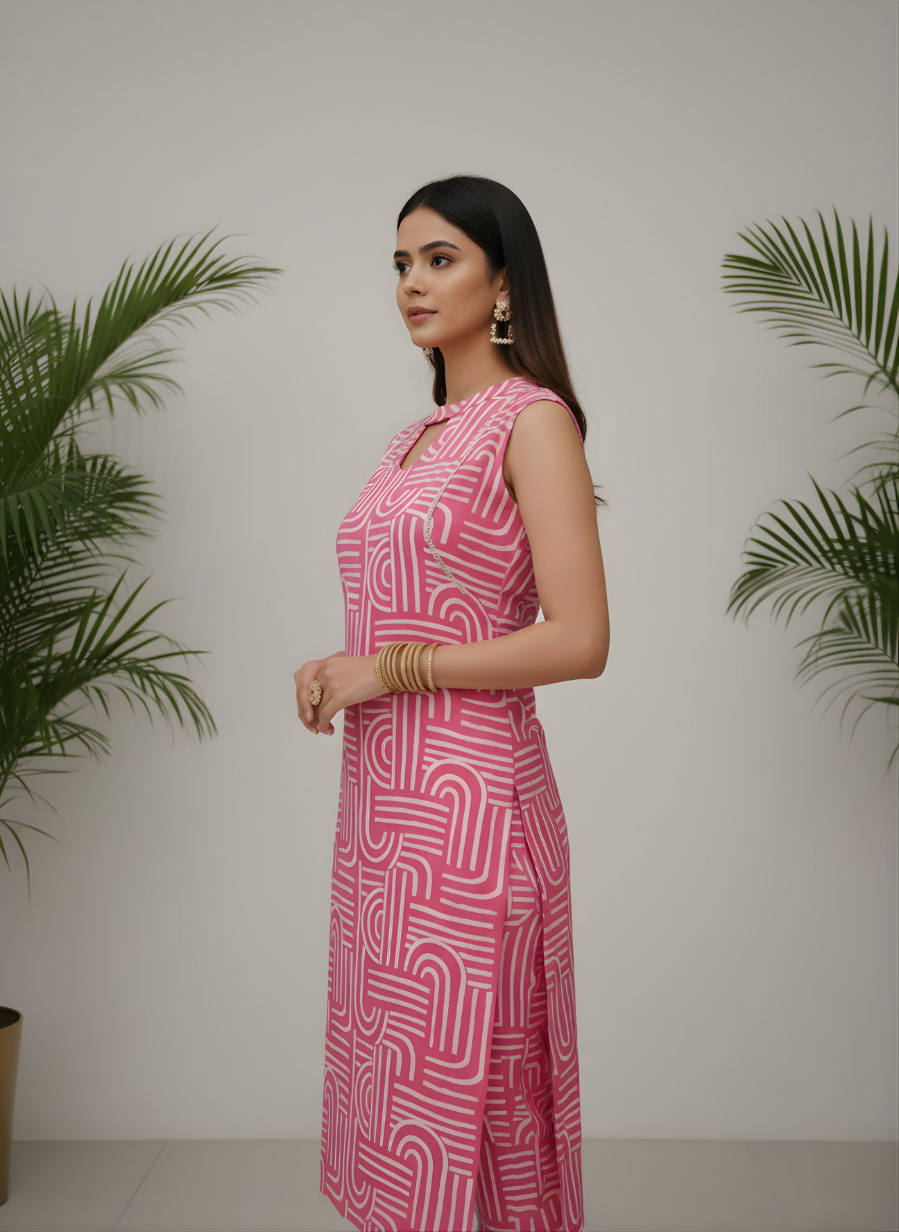 Pink geometric print cotton kurti set by Aaronee