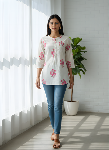 White floral cotton top for women by Neelufer Creation