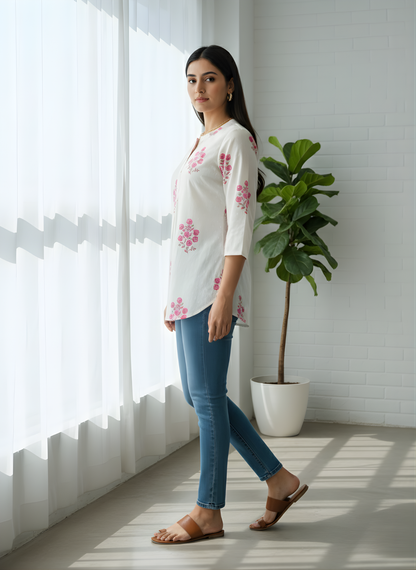 Elegant pink floral printed cotton top