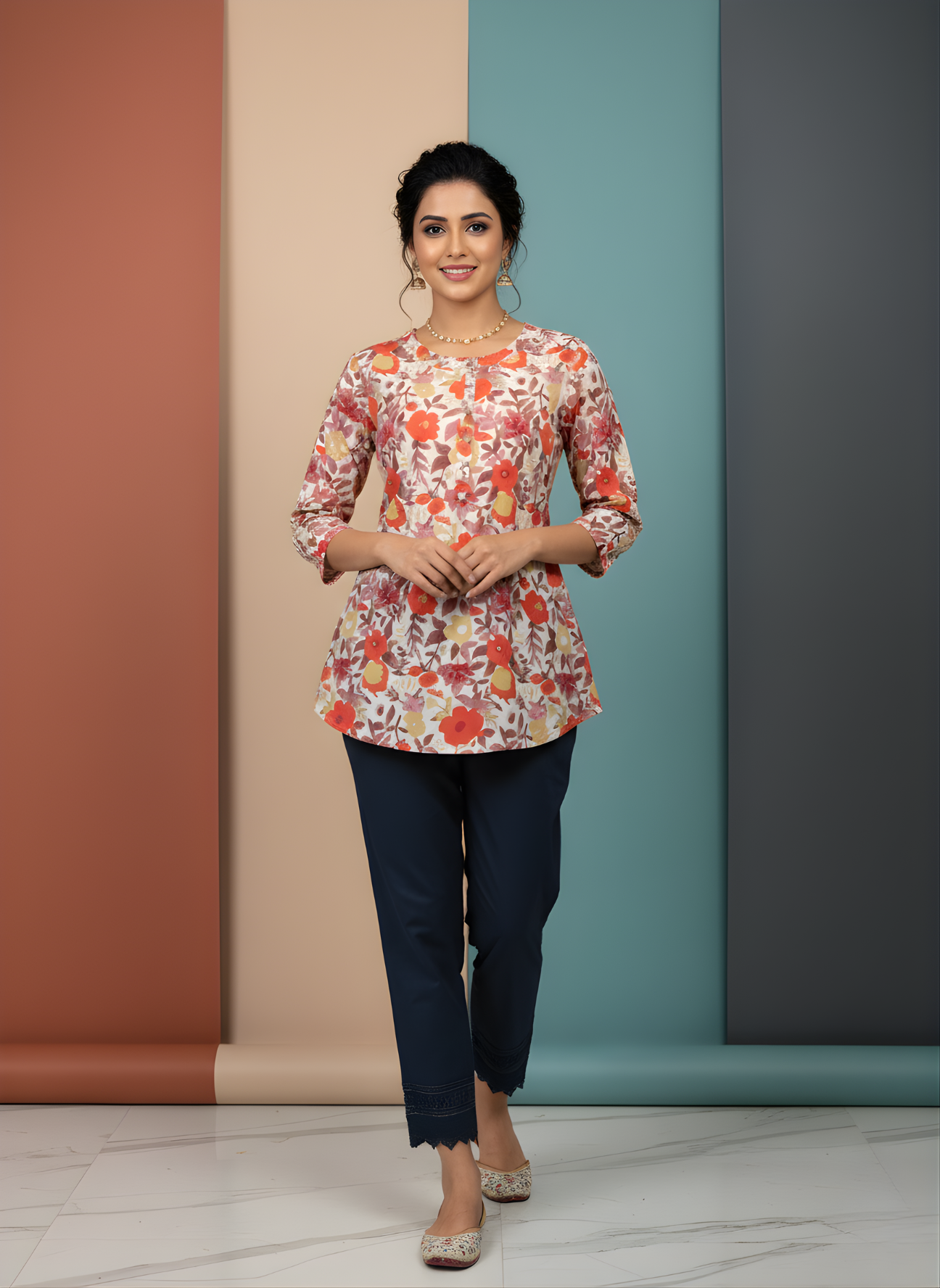Floral printed cotton top for women by Neelufer Creation