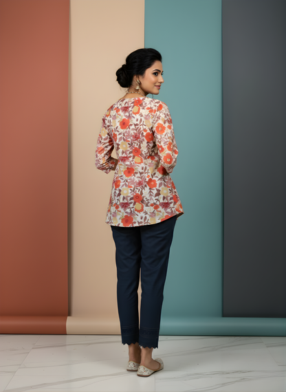 Stylish orange and yellow printed cotton top