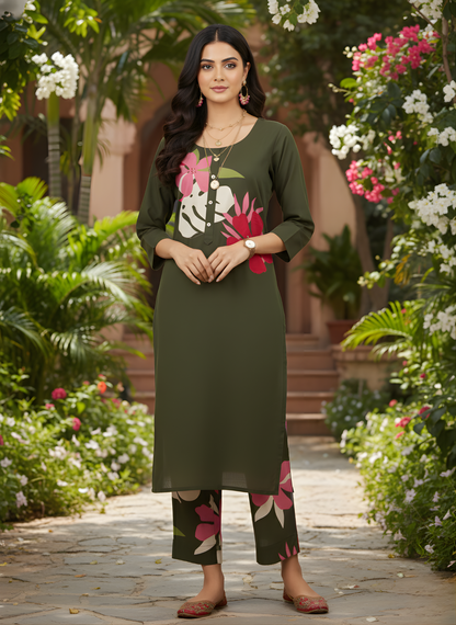 Neelufer Creation olive green pure cotton kurta set front view