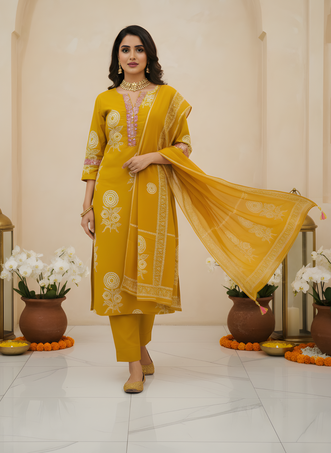 Neelufer Creation pure cotton mustard dupatta set