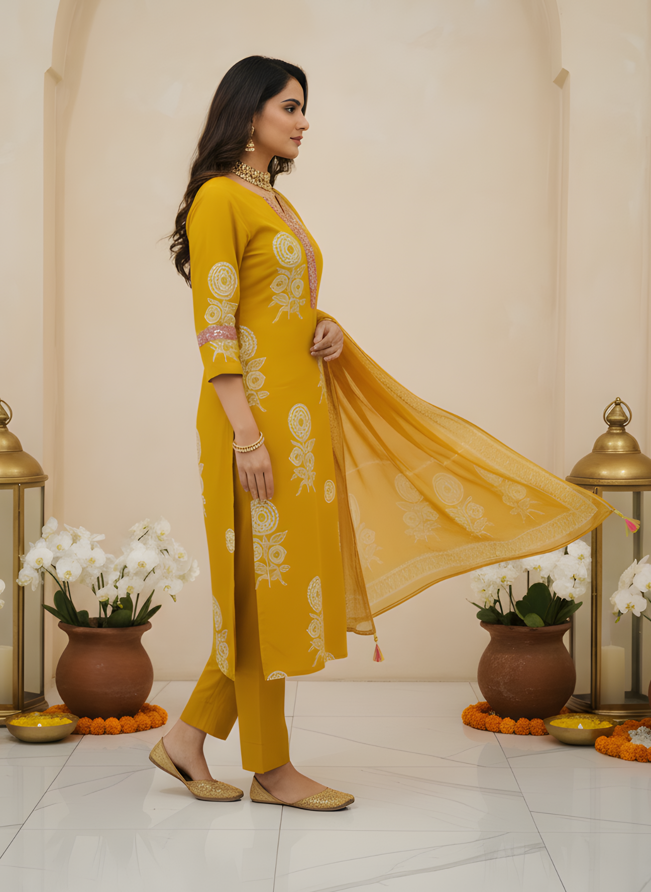 Wholesale women cotton kurta pant dupatta set mustard