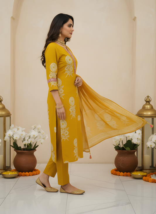 Wholesale women cotton kurta pant dupatta set mustard